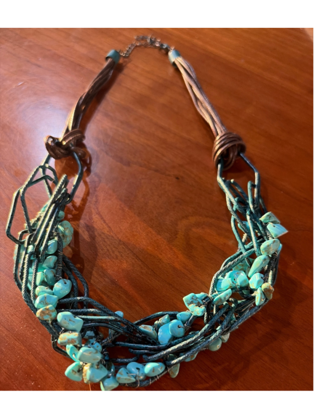 Boho Turquoise Chip Multi Strand Wire Wrapped Cord Statement Necklace